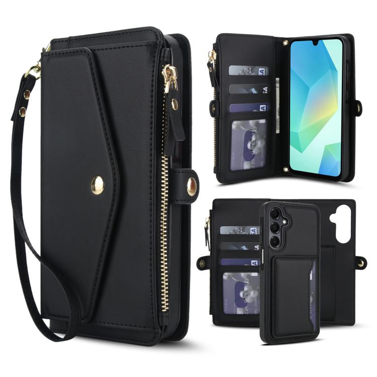 Funda de cuero desmontable con cordón para Samsung Galaxy A16 5G (negro)