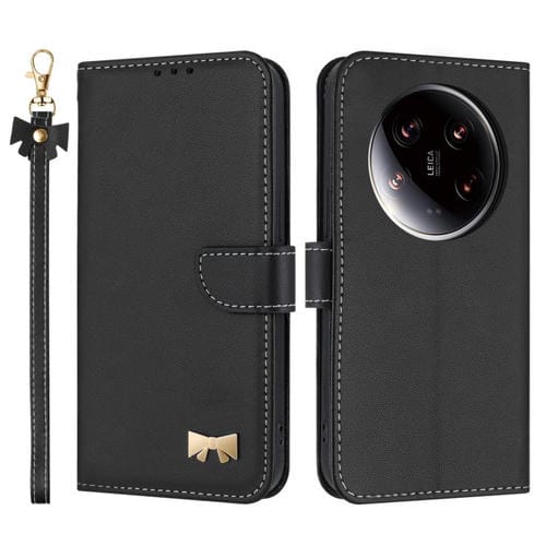 Funda de cuero con lazo metálico y correa de mano para Xiaomi 14 Ultra (negra)