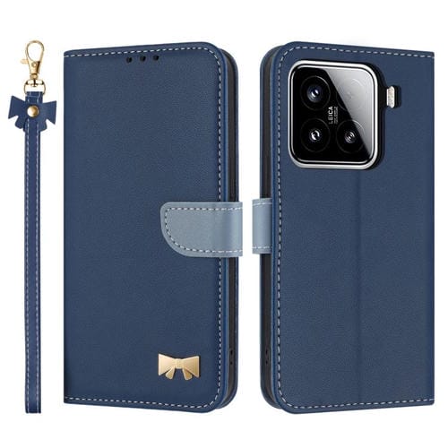 Funda de cuero con lazo metálico y correa para la mano para Xiaomi 15 (azul oscuro)