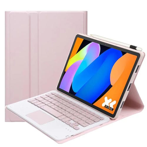 Funda ultrafina de cuero con teclado Bluetooth desmontable y panel táctil para Lenovo Xiaoxin Pad de 11 pulgadas (2025 AM31-A) (rosa y blanco)