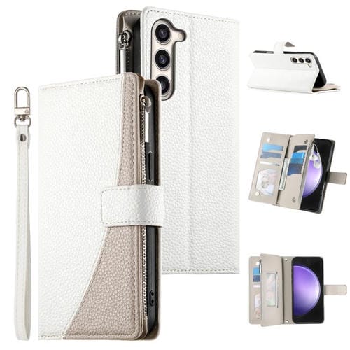 Funda de cuero tipo billetera con cremallera y múltiples tarjetas para Samsung Galaxy S23+ 5G, con costuras y correa corta (blanca)