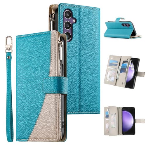 Funda de cuero tipo billetera con cremallera y mĂșltiples tarjetas para Samsung Galaxy S23 FE 5G, con costuras y correa corta (azul)