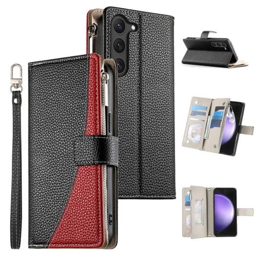 Funda de cuero tipo billetera con cremallera y mĂșltiples tarjetas para Samsung Galaxy S23 5G, con costuras y correa corta (negra)