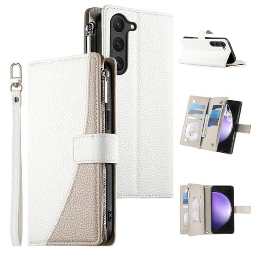 Funda de cuero tipo billetera con cremallera y múltiples tarjetas para Samsung Galaxy S23 5G, con costuras y correa corta (blanca)