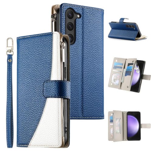 Funda de cuero tipo billetera con cremallera y mĂșltiples tarjetas para Samsung Galaxy S23 5G, con costuras y correa corta (azul oscuro)