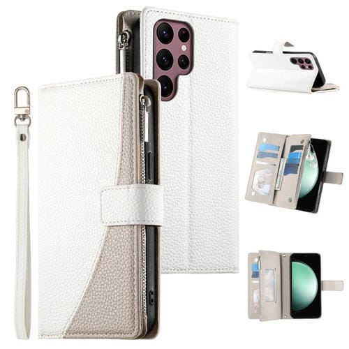 Funda de cuero tipo billetera con cremallera para Samsung Galaxy S22 Ultra 5G, con costuras, mĂșltiples tarjetas y correa corta (blanca)