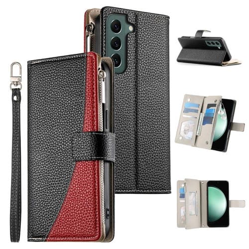 Funda de cuero tipo billetera con cremallera y mĂșltiples tarjetas para Samsung Galaxy S22 5G con costuras y correa corta (negra)