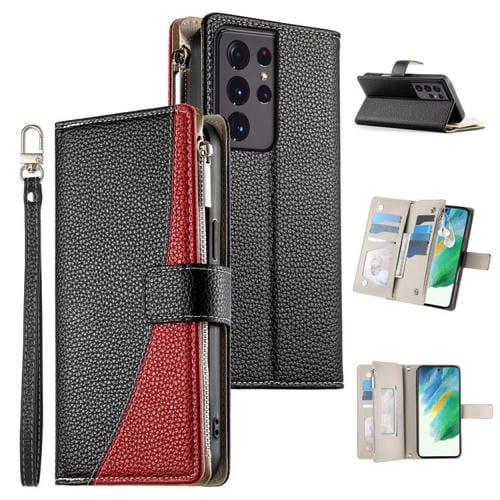 Funda de cuero tipo billetera con cremallera y mĂșltiples tarjetas para Samsung Galaxy S21 Ultra 5G con costuras y correa corta (negra)