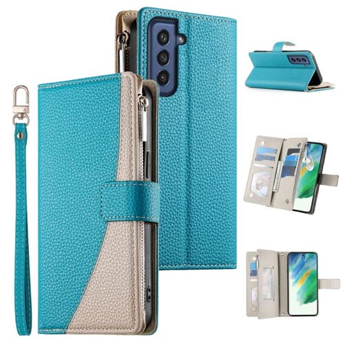 Funda de cuero tipo billetera con cremallera y mĂșltiples tarjetas para Samsung Galaxy S21 FE 5G con costuras y correa corta (azul)