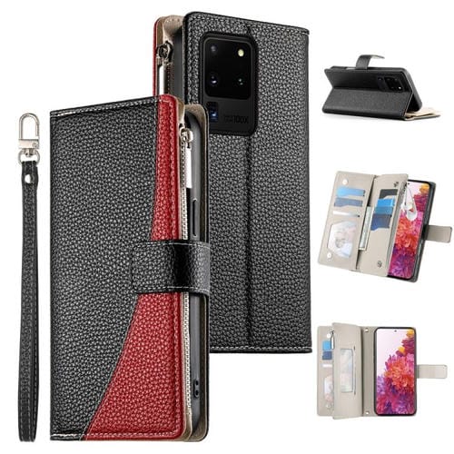 Funda de cuero tipo billetera con cremallera y mĂșltiples tarjetas para Samsung Galaxy S20 Ultra con costuras y correa corta (negra)