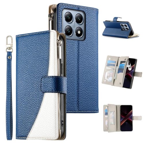 Funda de cuero con cremallera para Xiaomi 14T Pro, con mĂșltiples tarjetas, costuras y correa corta (azul oscuro)