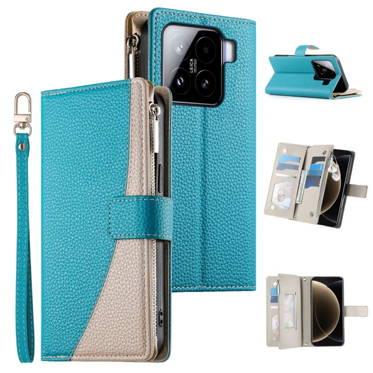 Funda de cuero con cremallera para Xiaomi 15, con mĂșltiples tarjetas y costuras, con correa corta (azul)