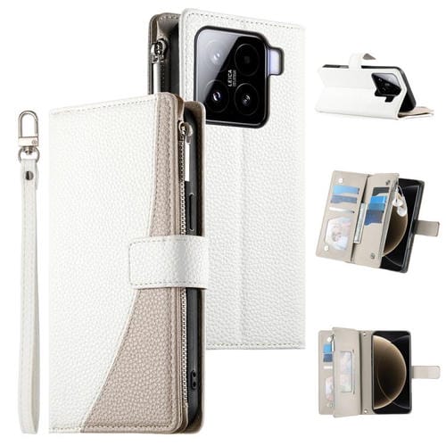 Funda de cuero con cremallera para Xiaomi 15, con mĂșltiples tarjetas y costuras, con correa corta (blanca)