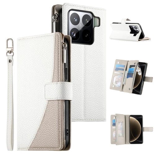 Funda de cuero con cremallera para Xiaomi 15 Pro, con mĂșltiples tarjetas y costuras, con correa corta (blanca)