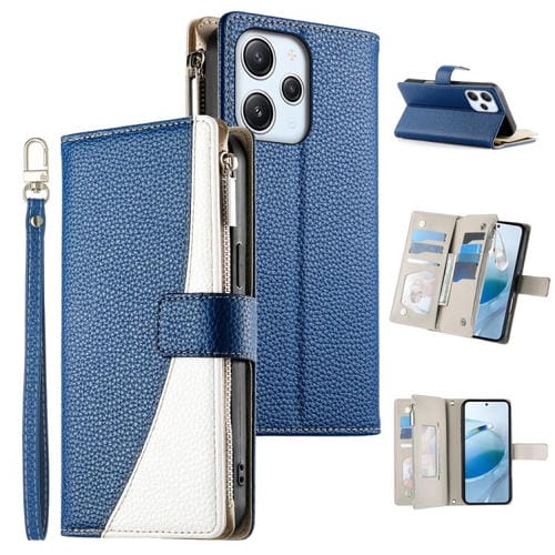 Funda de cuero con cremallera para Redmi 12 4G / 5G / Note 12R, con costuras, para múltiples tarjetas y correa corta (azul oscuro)
