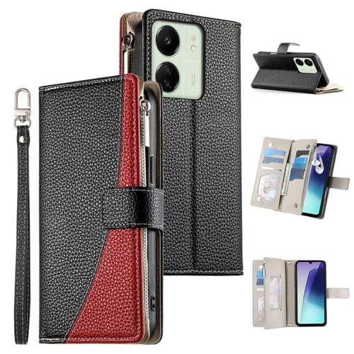 Funda de cuero con cremallera y mĂșltiples tarjetas para Redmi 13C 4G / 5G / 13R / Xiaomi Poco C65 (negro)