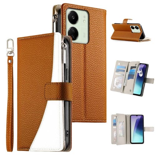 Funda de cuero con cremallera y múltiples tarjetas para Redmi 13C 4G / 5G / 13R / Xiaomi Poco C65 (marrón)