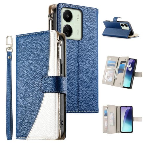 Funda de cuero con cremallera y múltiples tarjetas para Redmi 13C 4G / 5G / 13R / Xiaomi Poco C65 (azul oscuro)