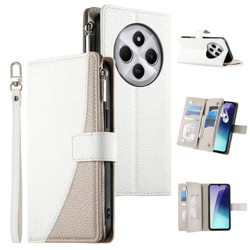 Funda de cuero con cremallera y mĂșltiples tarjetas para Redmi 14C 4G / 14R / A4 5G / A3 Pro, con costuras y correa corta (blanca)