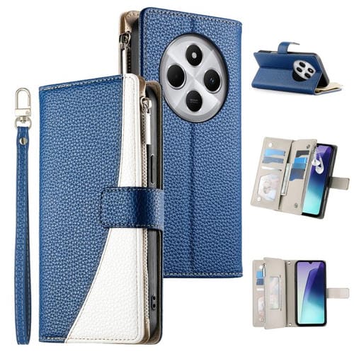 Funda de cuero con cremallera y múltiples tarjetas para Redmi 14C 4G / 14R / A4 5G / A3 Pro, con costuras y correa corta (azul oscuro)