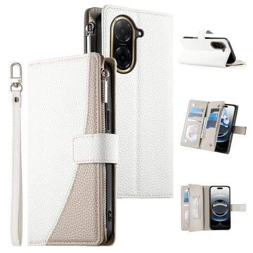 Funda de cuero con cremallera para Redmi A5 4G (171,7 mm) y Xiaomi Poco C71, con costuras, mĂșltiples tarjetas y correa corta (blanca)