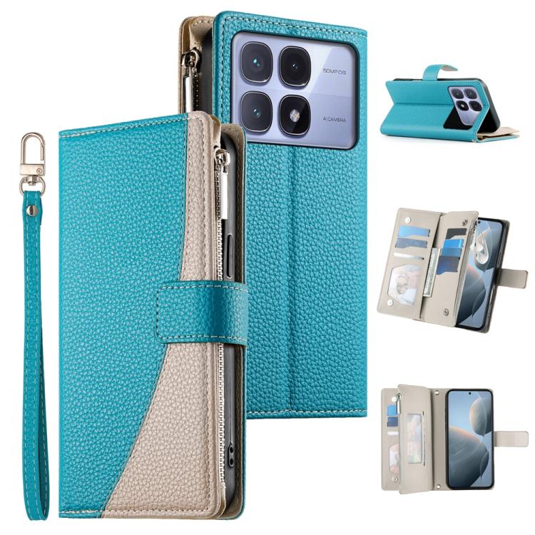 Funda de cuero con cremallera para Redmi K70 Ultra, con costuras, mĂșltiples tarjetas y correa corta (azul)
