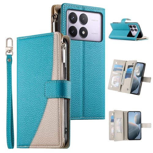 Funda de cuero con cremallera y múltiples tarjetas para Redmi K70 / K70 Pro / Poco F6 Pro, con costuras y correa corta (azul)