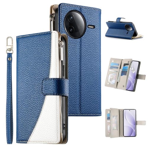 Funda de cuero con cremallera para Redmi K80 / K80 Pro / Poco F7 Pro, con costuras, mĂșltiples tarjetas y correa corta (azul oscuro)