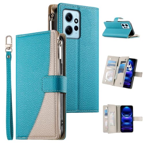 Funda de cuero con cremallera para Redmi Note 12 4G Global / Note 12R Pro, con costuras, para múltiples tarjetas y correa corta (azul)
