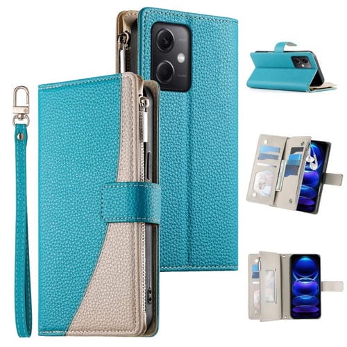 Funda de cuero con cremallera para Redmi Note 12 5G Global / Xiaomi Poco X5, con costuras, para mĂșltiples tarjetas y correa corta (azul)