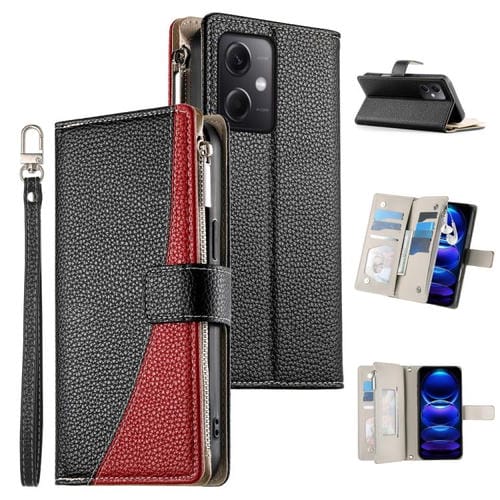 Funda de cuero con cremallera para Redmi Note 12 5G Global / Xiaomi Poco X5, con costuras, para múltiples tarjetas y correa corta (negra)
