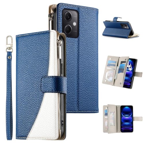 Funda de cuero con cremallera para Redmi Note 12 5G Global / Xiaomi Poco X5, con costuras, para múltiples tarjetas y correa corta (azul oscuro)