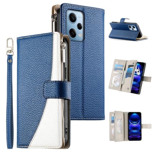 Funda de cuero con cremallera para Redmi Note 12 Pro 5G, con costuras globales, múltiples tarjetas y correa corta (azul oscuro)