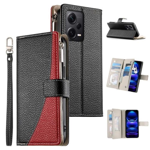 Funda de cuero con cremallera y múltiples tarjetas para Redmi Note 12 Pro+ Global / Note 12 Explorer, con costuras y correa corta (negra)
