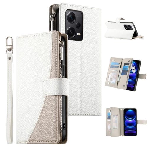 Funda de cuero con cremallera para Redmi Note 12 Pro+ Global / Note 12 Explorer, con costuras, para múltiples tarjetas y correa corta (blanca)
