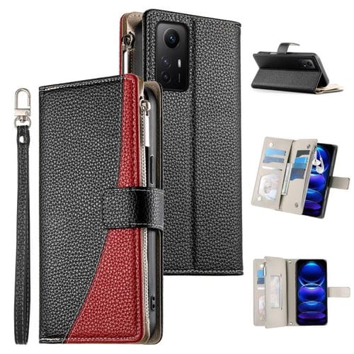 Funda de cuero con cremallera para Redmi Note 12S 4G / Note 11 4G, con costuras globales, mĂșltiples tarjetas y correa corta (negra)