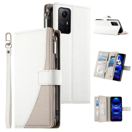 Funda de cuero con cremallera para Redmi Note 12S 4G / Note 11 4G, con costuras globales, para múltiples tarjetas y correa corta (blanca)