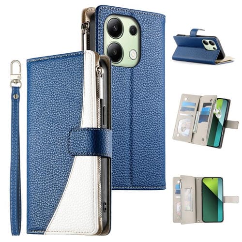 Funda de cuero con cremallera para Redmi Note 13 4G, con costuras globales, para múltiples tarjetas y correa corta (azul oscuro)