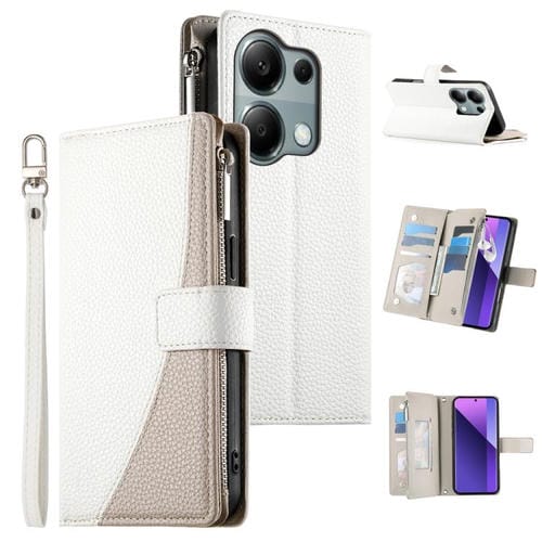 Funda de cuero con cremallera para Redmi Note 13 Pro 4G / Poco M6 Pro, con costuras, para múltiples tarjetas y correa corta (blanca)