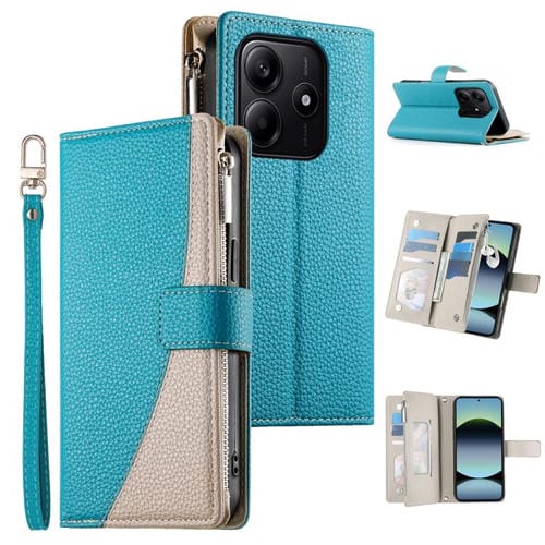 Funda de cuero con cremallera para Redmi Note 14 5G, con costuras globales, múltiples tarjetas y correa corta (azul)