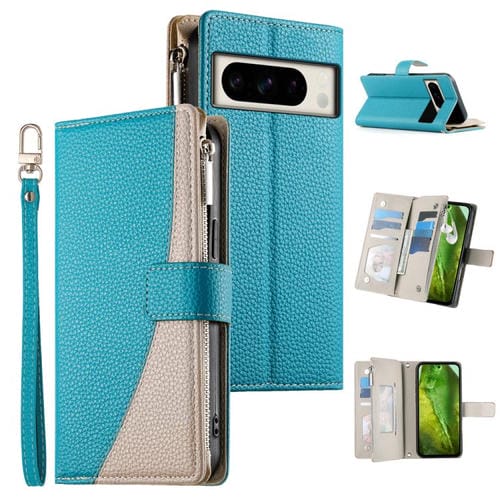 Funda de cuero con cremallera para Google Pixel 8 Pro, con múltiples tarjetas y costuras, con correa corta (azul)