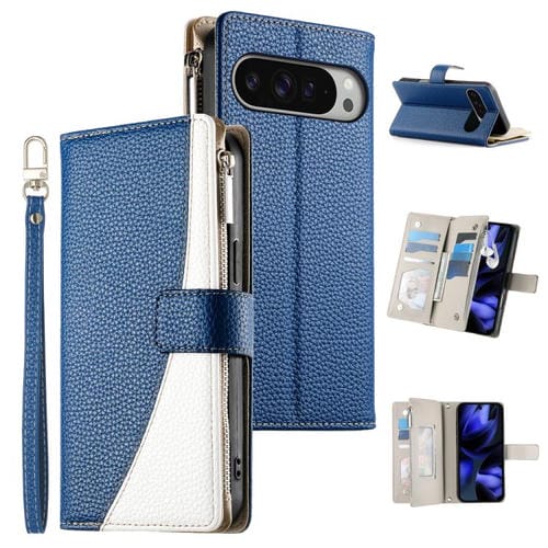Funda de cuero con cremallera para Google Pixel 9 Pro XL/Pixel 10 Pro XL, con costuras, para múltiples tarjetas y correa corta (azul oscuro)