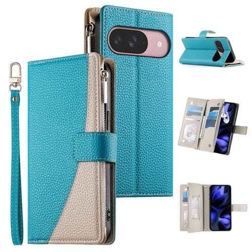 Funda de cuero con cremallera y múltiples tarjetas para Google Pixel 9/9 Pro/10/10 Pro, con costuras y correa corta (azul)