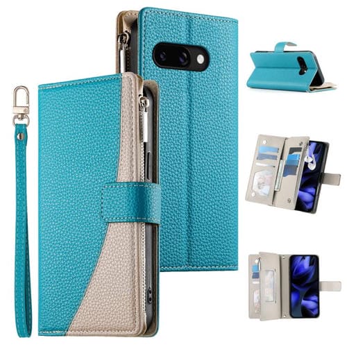 Funda de cuero con cremallera para Google Pixel 9a, con múltiples tarjetas y costuras, con correa corta (azul)
