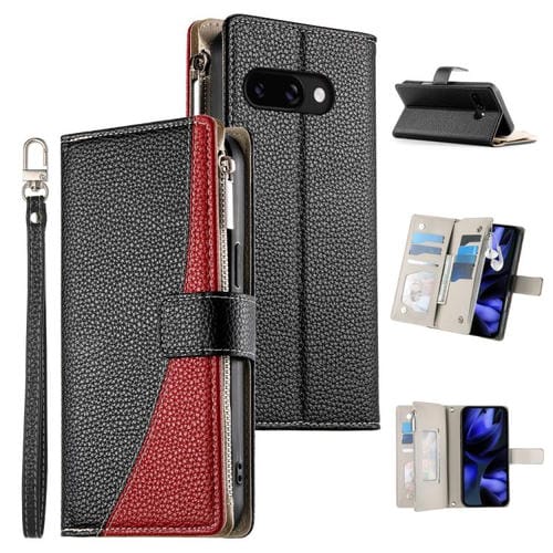 Funda de cuero con cremallera para Google Pixel 9a, con múltiples tarjetas y costuras, con correa corta (negra)