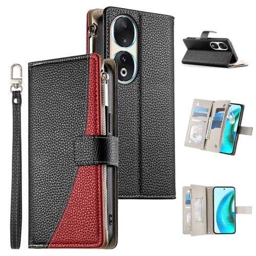 Funda de cuero con cremallera para teléfono con múltiples tarjetas y costuras para Honor 90 (negro)