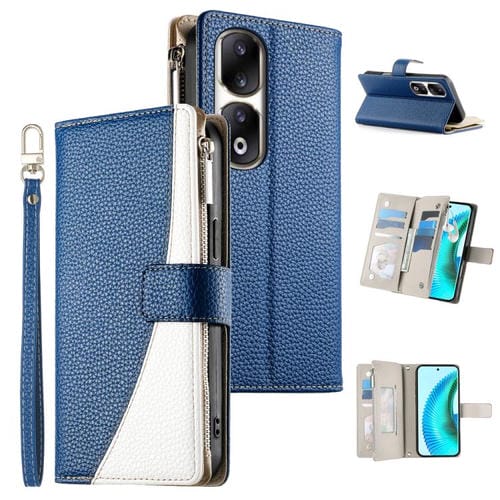 Funda de cuero con cremallera y múltiples tarjetas para Honor 90 Pro, con costuras y correa corta (azul oscuro)
