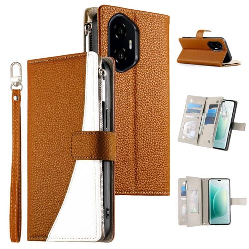 Funda de cuero con cremallera para teléfono con múltiples tarjetas y costuras para Honor 300 (marrón)