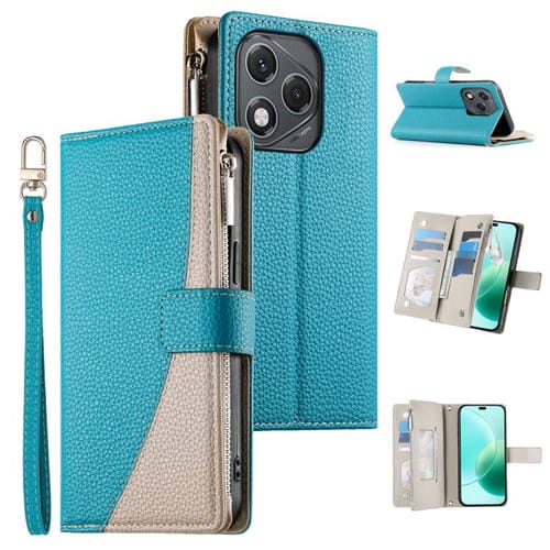 Funda de cuero tipo billetera con cremallera para múltiples tarjetas y costuras globales para Honor 400 Lite, con correa corta (azul)