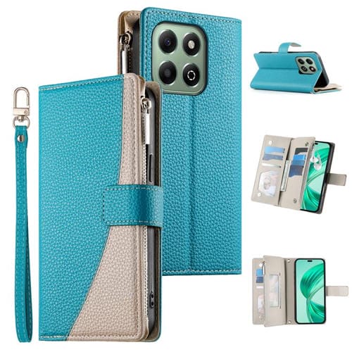 Funda de cuero tipo billetera con cremallera y múltiples tarjetas para Honor X6a/Honor X6b 4G, con costuras y correa corta (azul)